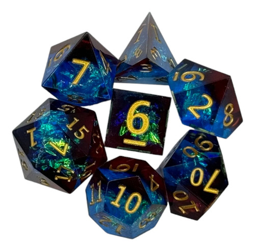 Set 7 Dados Juegos De Rol Azul Y Vino - Resina Con Brillos