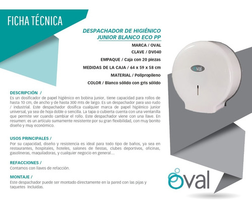 Despachador De Higiénico Jr Blanco Eco Pp Oval Dv040 300mts