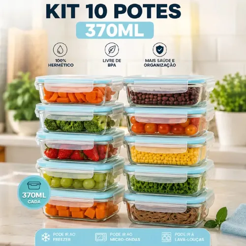 Kit 10 Potes 370ml Vidro Hermético Marmita Fitness Com Tampa Quatro Travas Retangular Anti Vazamento Forno Refratário Hxrd