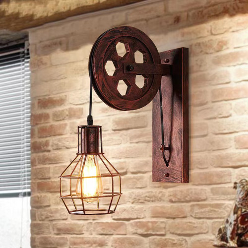 Lámpara De Pared Rústica Polea Vintage Industrial Oxido