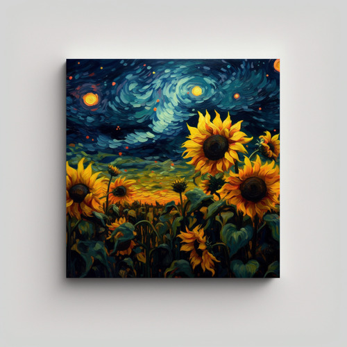 80x80cm Cuadro Van Gogh Girasoles Noche Bastidor Madera