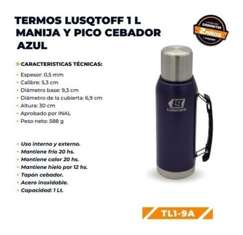 Imagen 2 de 2 de Termo Lusqtoff Azul 1 Litro Acero Tapón Cebador Frio Calor