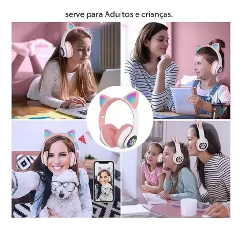 Fone De Ouvido Gatinho Bluetooth Com Luzes Led Infantil Rosa