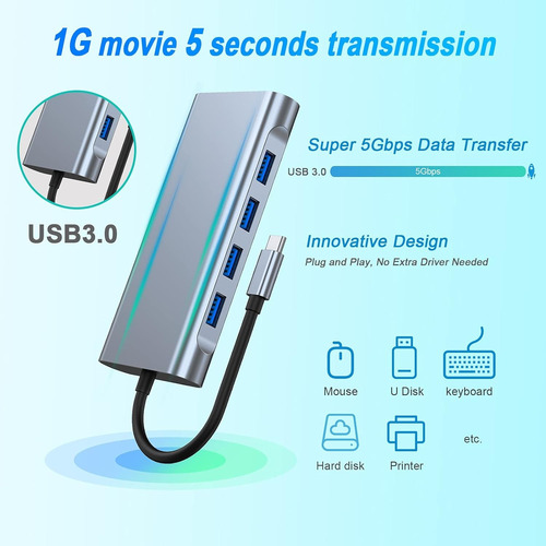 Hub Usb C 11 En 1 Con Hdmi 4k, Usb 3.0, 100 Wpd, Vga, Tarjet