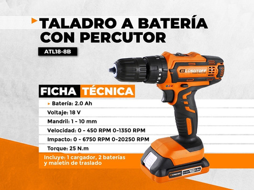 Imagen 2 de 8 de Taladro Maletin Percutor 18v Atornillador Lusqtoff Atl18-8b