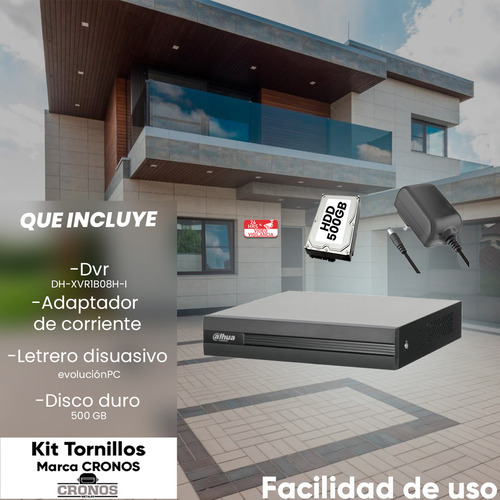 Kit Cronos Dvr Dahua Xvr1b08hv2-i-p500 8 Canales 5mp Lite Wizsense +hdd 500gb H.265+. Soporta 8 Canales + 4 Ip Hasta 12 Canales Ip Smd Plus Xvr1b08h Búsqueda Inteligente De Humanos Y Vehículos Cctv