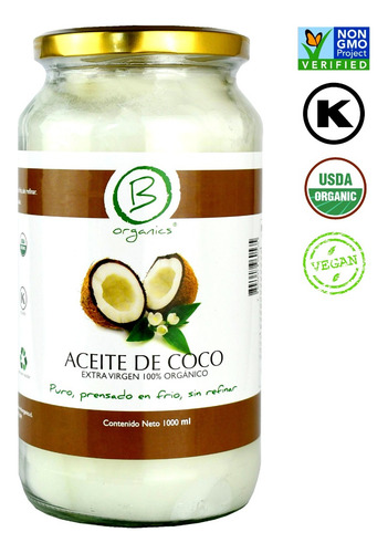 Imagen 1 de 5 de Aceite De Coco Extra Virgen 100% Orgánico 1000ml