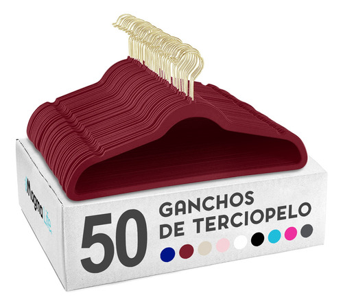 50 Ganchos Para Ropa Terciopelo Antideslizante Premium Color Rojo