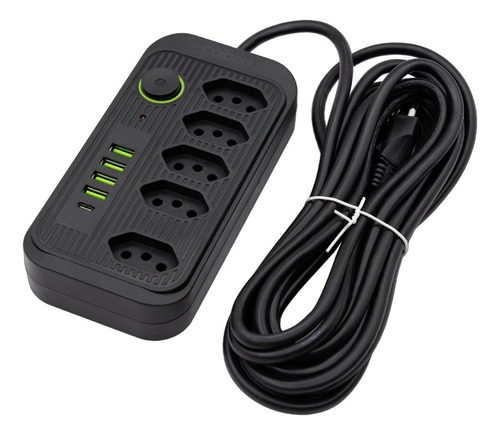 Extensão Filtro De Linha 5 Tomadas Segurança Tipo C 4 Usb Cor Preto