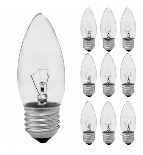 10 Lâmpadas Vela Clara Incandescente 25w Bocal E27 Taschibra Cor Da Luz Branco Quente (2700k) Voltagem 220v