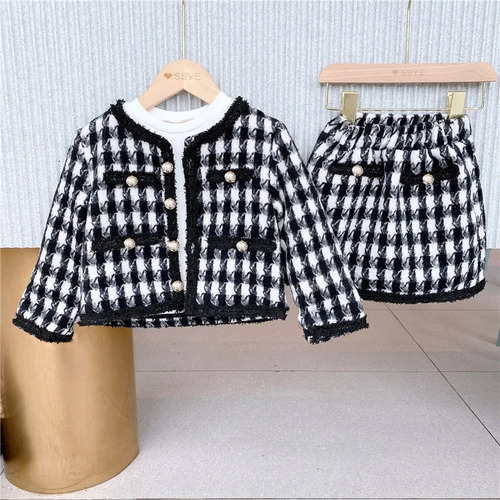 Conjunto De Dos Piezas Con Falda De Abrigo A Cuadros Para Ni