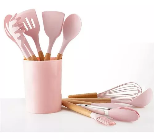 Set X 9 Kit Utensilios De Cocina Mango Madera Punta Silicona