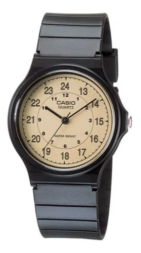 Reloj pulsera Casio Collection MQ-24 de cuerpo color negro, analógica, fondo beige, con correa de resina color negro, agujas color negro, dial negro, minutero/segundero negro, bisel color negro y hebilla simple