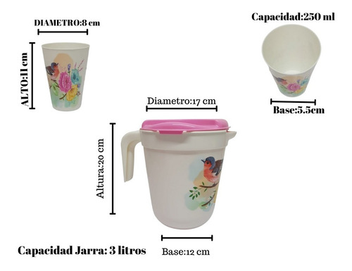 Juego Jarra 3 Litros Decorada Con 4 Vasos Y Tapa