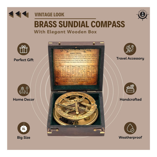 Antiqula Brújula De Reloj De Sol Grande De 5 Pulgadas Con De