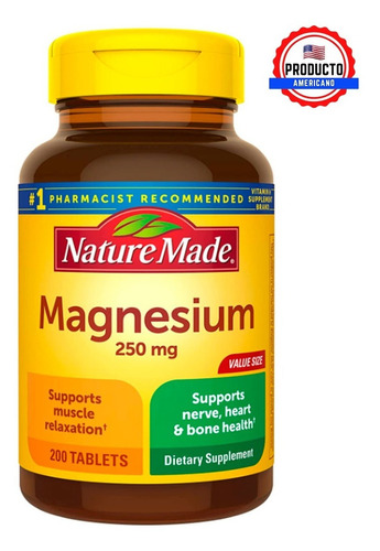 Magnesio  250mg (200 Tabletas) Nature Made Americano Sabor Neutro