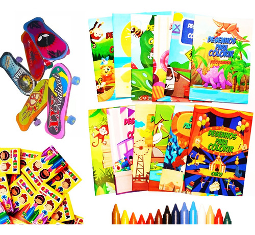 20 Livrinhos Colorir  + 20 Giz Mini + 20 Skate De Dedo Para Lembrancinha De Festa Kids