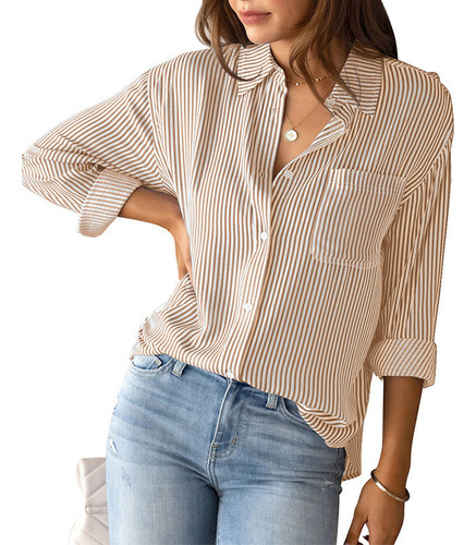 Camisa De Manga Larga Informal Holgada Con Top A Rayas Mujer