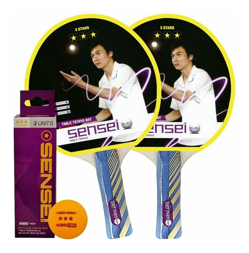 Combo Ping Pong Sensei 3 Estrellas Pack 2 Paletas + Pelotas