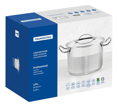 Cacerola honda de acero inoxidable fondo triple con detalle satinado 24 cm 6,1 L Tramontina Professional