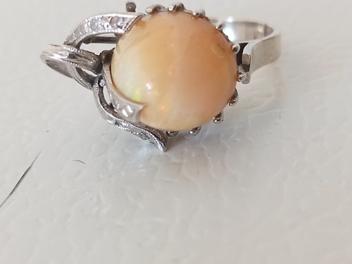Anillo Plata Paladio Ópalo De Fuego Mexicano Y Diamantitos Plateado
