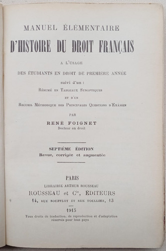 Histoire Du Droit Francais Rene Foignet Manuel Elementaire