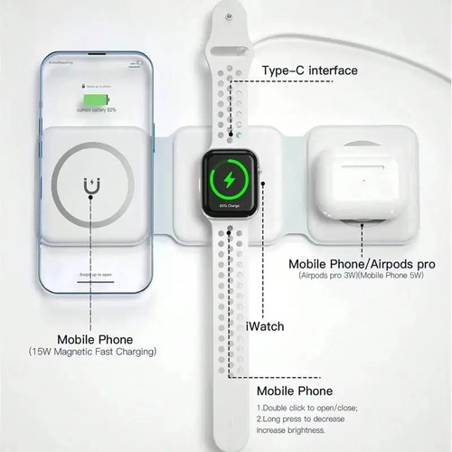 Cargador Inalámbrico Para Iphone Apple Watch Airpods 3 En 1 Negro