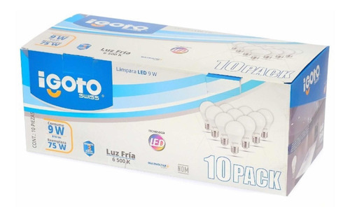 Pack De 10 Focos Led Igoto 9w Luz Fría 6500k E27