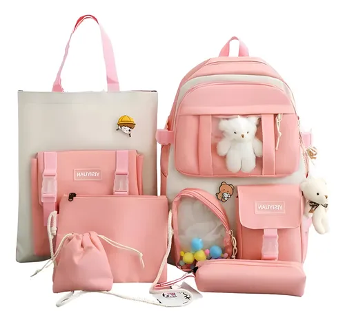 Kit Mochila Escolar 5 Peças Estojo Bolsa Unissex Ursinho Rosa Liso