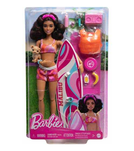 Barbie Día De Surf Y Playa Malibu Con  Tabla Surf Y Perrito