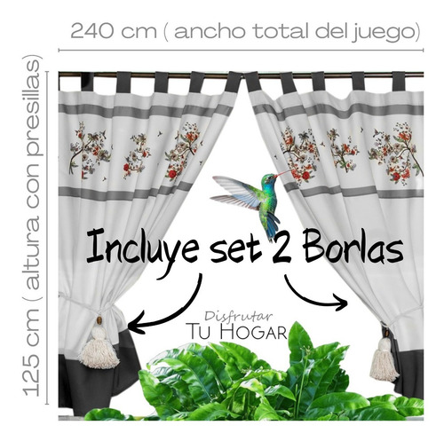 Imagen 2 de 10 de Cortinas Tela Cortas Combinada Colibrí Garden Dina Gerade