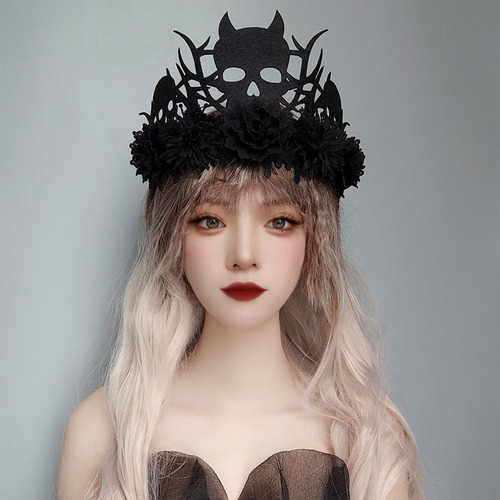 Tocado De Demonio Con Corona De Flores Negras, Diseño De Dea