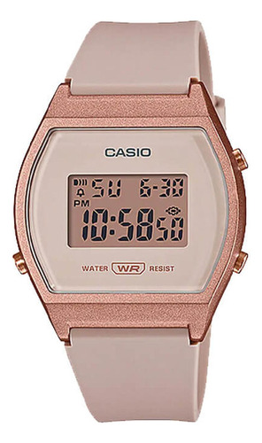 Reloj de pulsera Casio Youth LW-204 de cuerpo color oro rosa, digital, fondo rosa, con correa de resina color rosa, dial negro, minutero/segundero negro, bisel color oro rosa