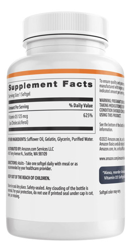 Suplemento Amazon Basics De Vitamina D3 125 Mcg 60 Cápsulas