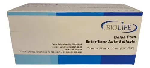 BOLSA AUTOSELLADO PARA ESTERILIZACION 57 MM X 130 MM (PAQ X200) BIOLIFE 0 x 200 Bolsa autosellable para esterilización de instrumentos pequeños, fabricada con papel grado médico y película plástica transparente. Incorpora indicadores de proceso para vapor y óxido de etileno, que 