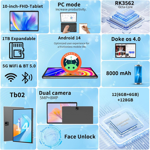 Android 14 Tablet With Keyboard, 12gb Ram (6+6), 128gb St...