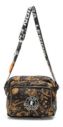 Imagen 1 de 4 de Cartera bandolera Legion Extranjera Cumbre Acapulco diseño estampado de poliéster cire negra con correa de hombro negra y blanca