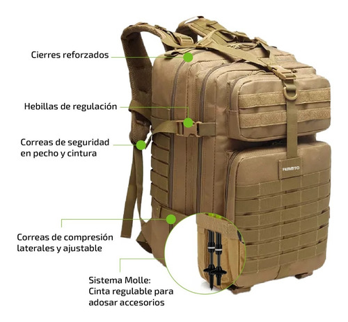 Imagen 2 de 9 de Mochila Tactica Femmto De 40 Litros Camping Mochilero Viaje