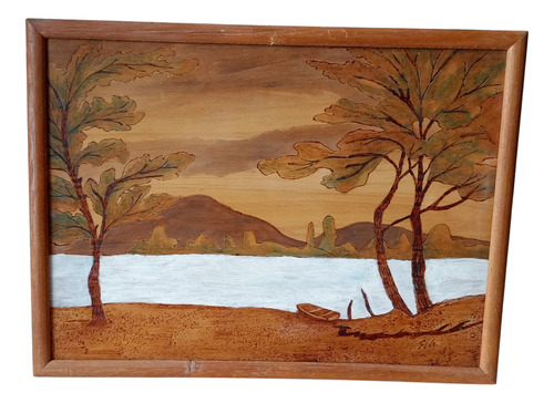 Cuadro Pirograbado En Madera Paisaje A Colores 29x39 Varios Madera (Usado)