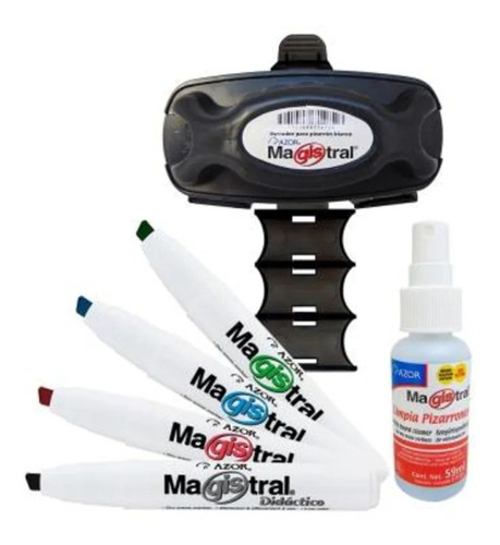 4 Plumones Magistral + Liquido Para Pizarron + Borrador