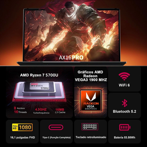 Notebook Games Amd Ryzen 7 5700u 16gb Ram 512gb Ssd 16.1''