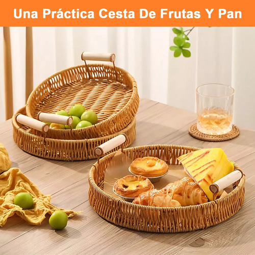 Ml 3pcs Canasta Ratán Mimbre Redonda Cestas Pan Bandeja Con