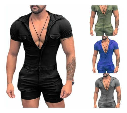 Men's Summer Jumpsuit Zipper Pants Short Sleeves