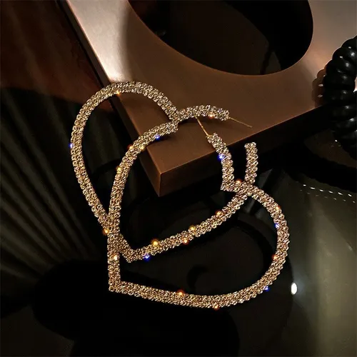 Aros Corazón Gigante Brillos Dorado Mujer Cute Colgante