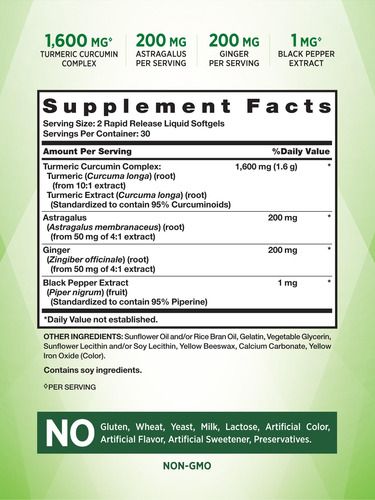Suplemento Nature's Truth Curcuma Curcumina 1600mg 60 Cápsul