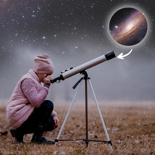 Telescópio Refrator Prateado 60mm Com Tripé Ajustável Luneta