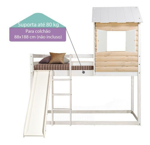 Cama Alta Infantil Club House Wood Com Escorregador Wt