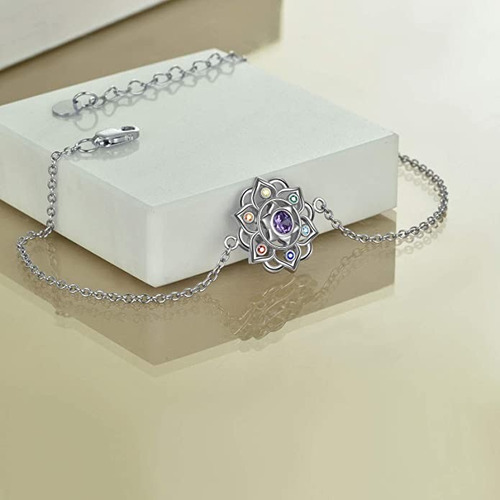 Imagen 3 de 5 de Pulsera Flor De Loto Siete Chakras Plata 925 Regalo Mujer