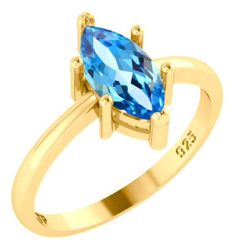 Anel Navete Prata 925 Dourada Ouro 18k - Topázio Azul