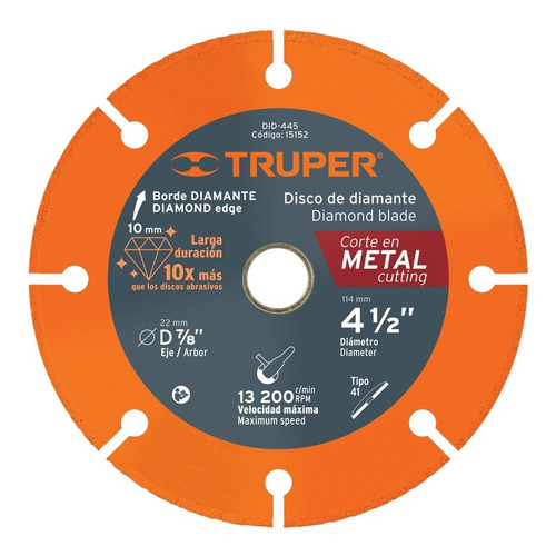 Disco De Diamante, 4-1/2' Corte Metal Truper 15152